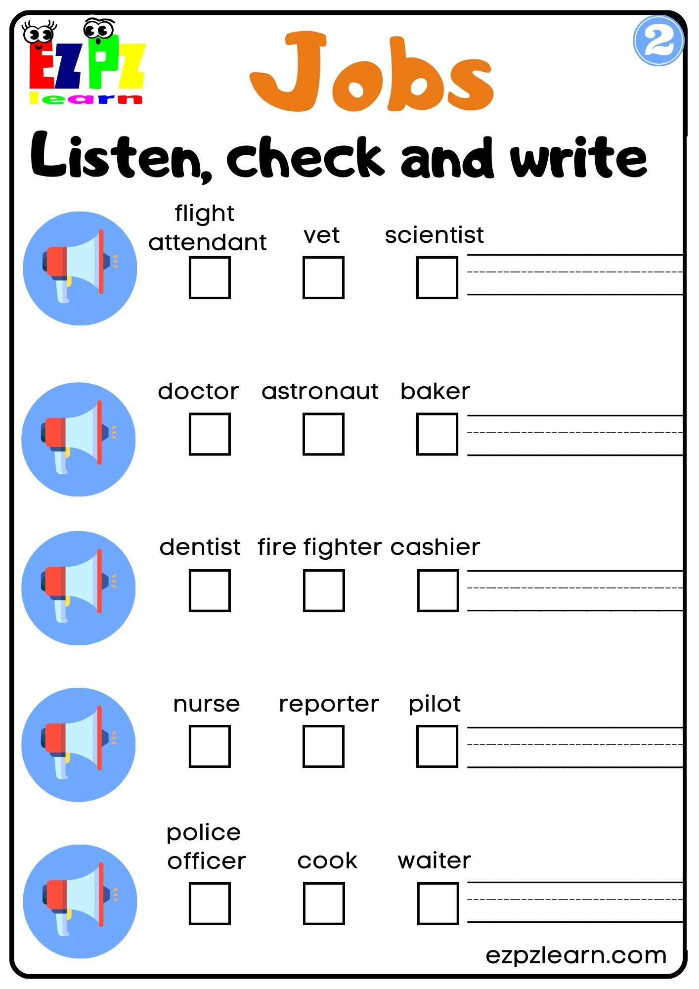 Jobs Vocabulary Interactive Worksheet Listen, Check and Write the Words Activity for Kids, K5 and ESL Students G2